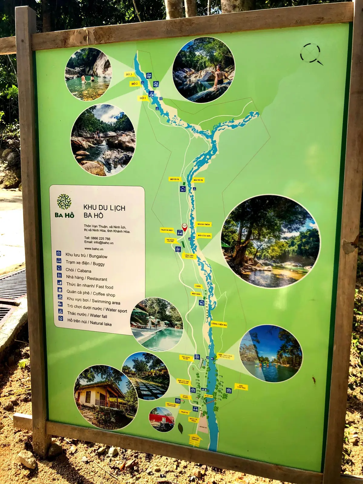 Park map board showing the stream, pools and facilities with photo circles