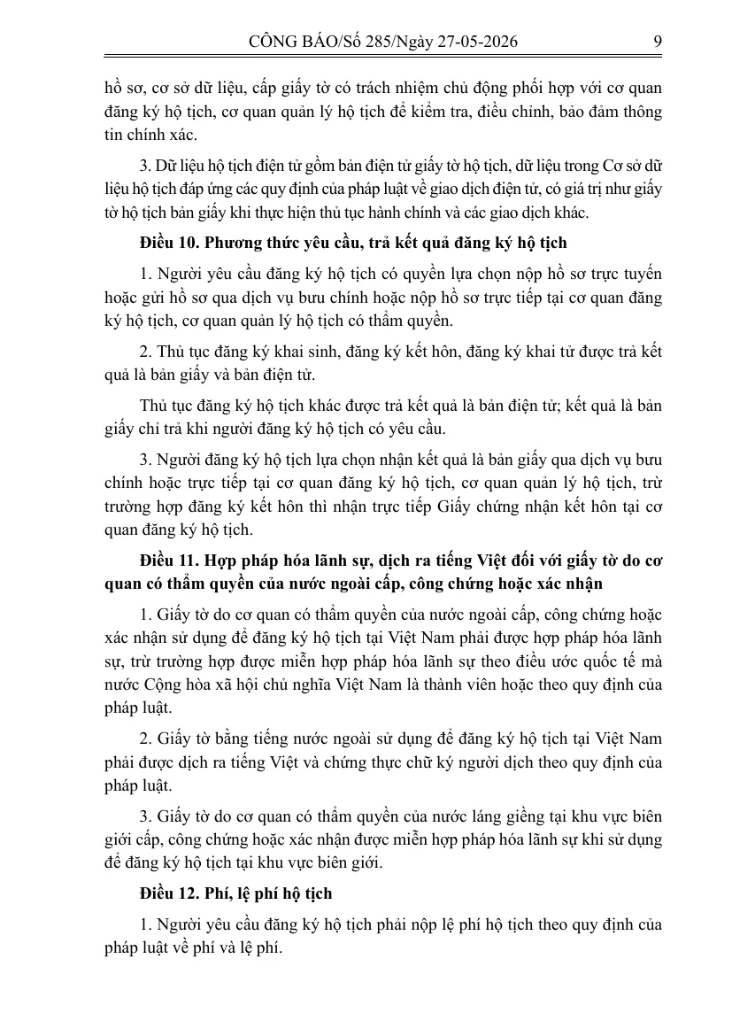 Gazette page of the new Law on Civil Status with the articles on filing and receiving results and on legalisation and translation of foreign papers.