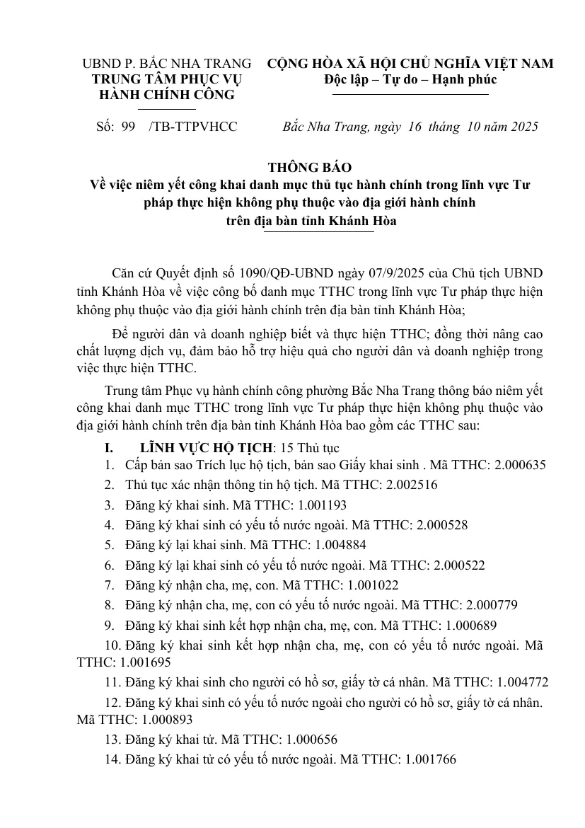 First page of a ward service centre notice listing civil-status procedures handled regardless of administrative boundaries in the province, each with a procedure code.