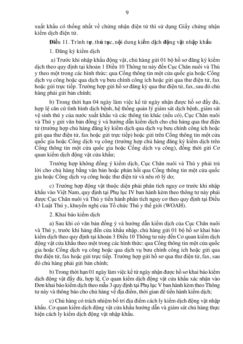 Page of the circular with the import quarantine procedure, covering registration, written consent and the declaration file.