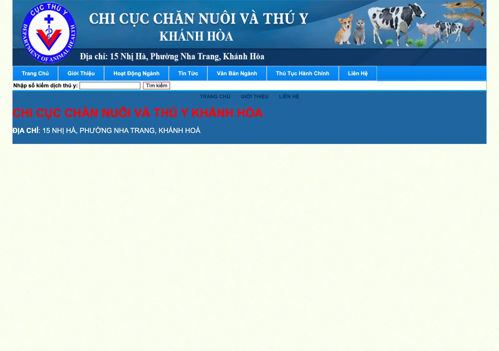 Header of the Khanh Hoa animal health sub-department website with its name, logo and an address line.
