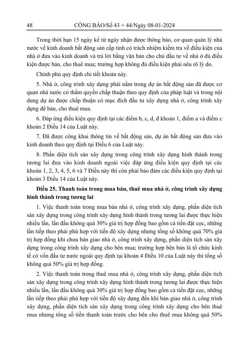 Printed Official Gazette page of the Law on Real Estate Business with the article on payment instalments for housing sold before completion