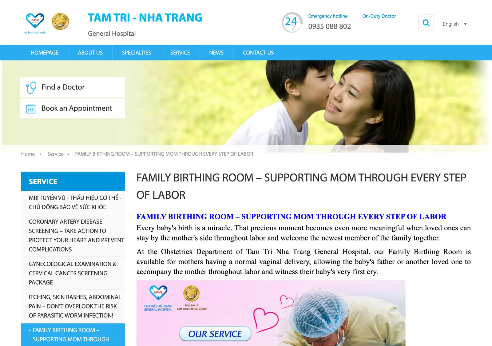 Tam Tri Nha Trang hospital web page headed Family Birthing Room with a smiling mother holding a baby and the opening paragraphs below