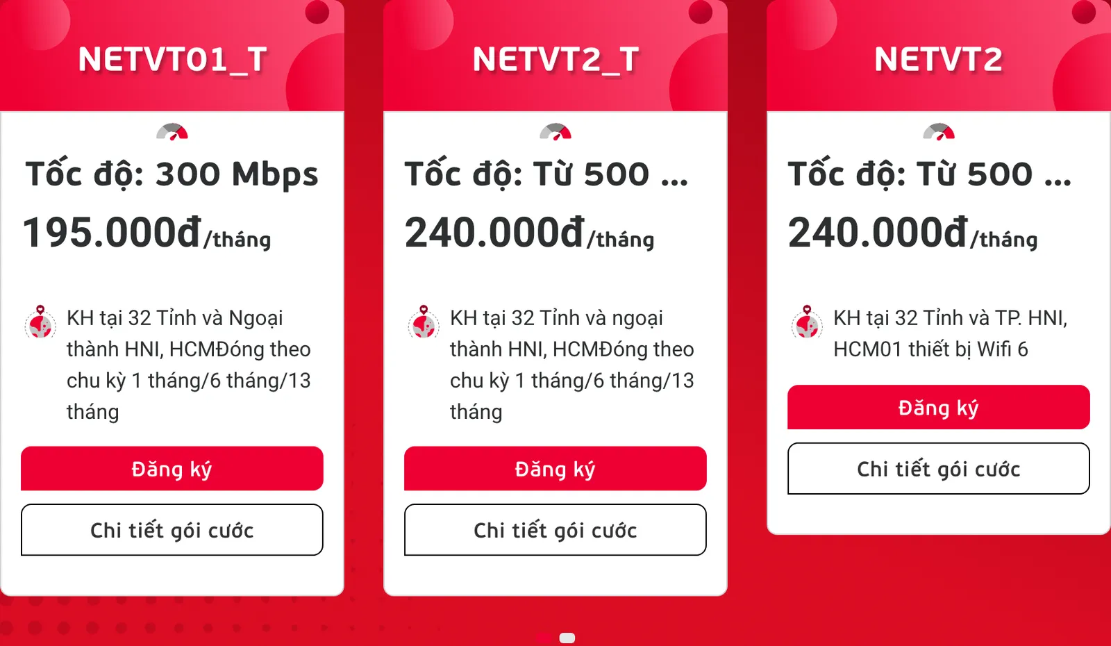 Viettel plan cards with speed, monthly price and the area each price applies to