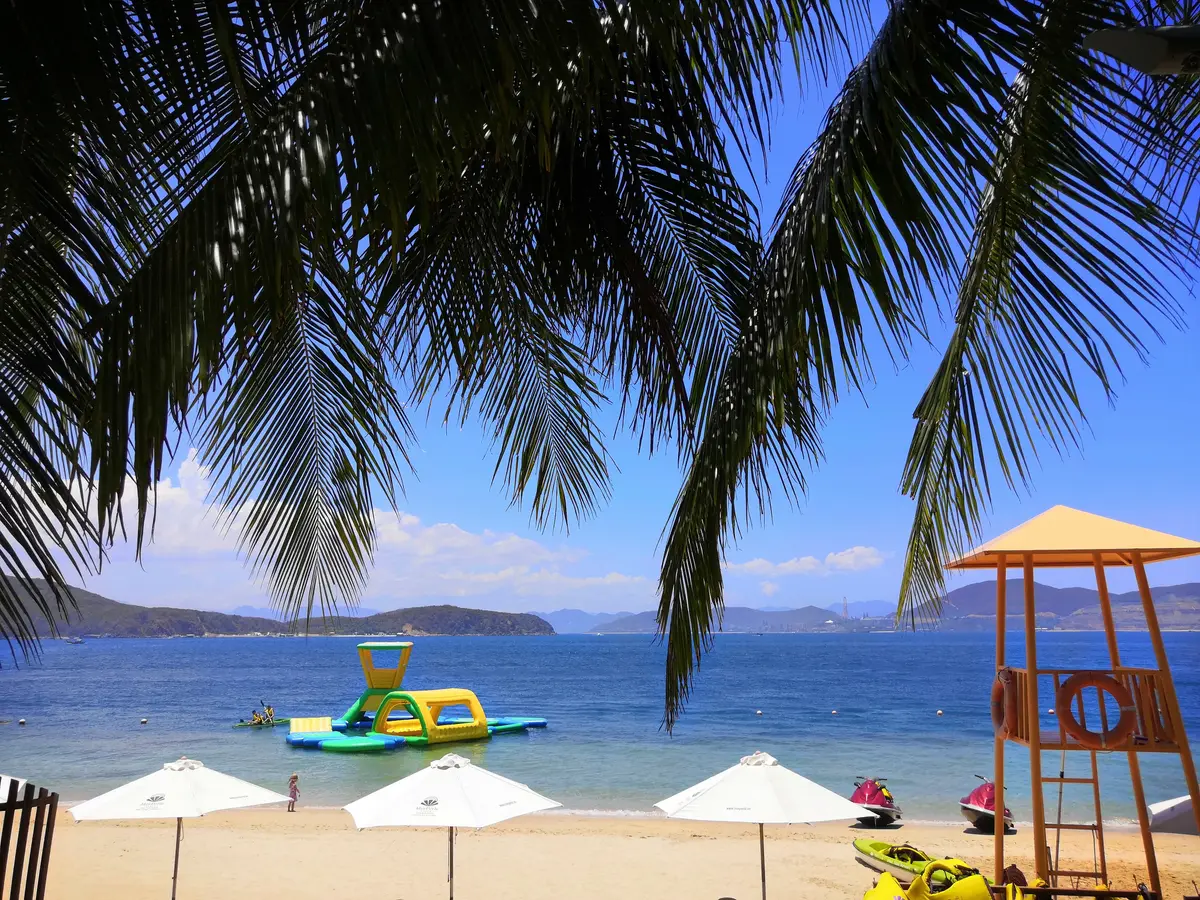 Beach with parasols, a lifeguard tower and water toys, framed by palm fronds