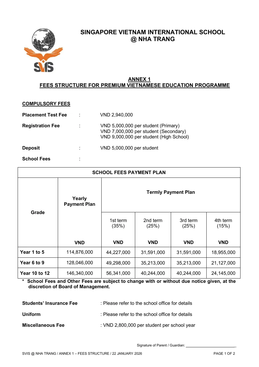 First page of a school fees annex PDF with registration fee lines and a school fees payment plan table by grade