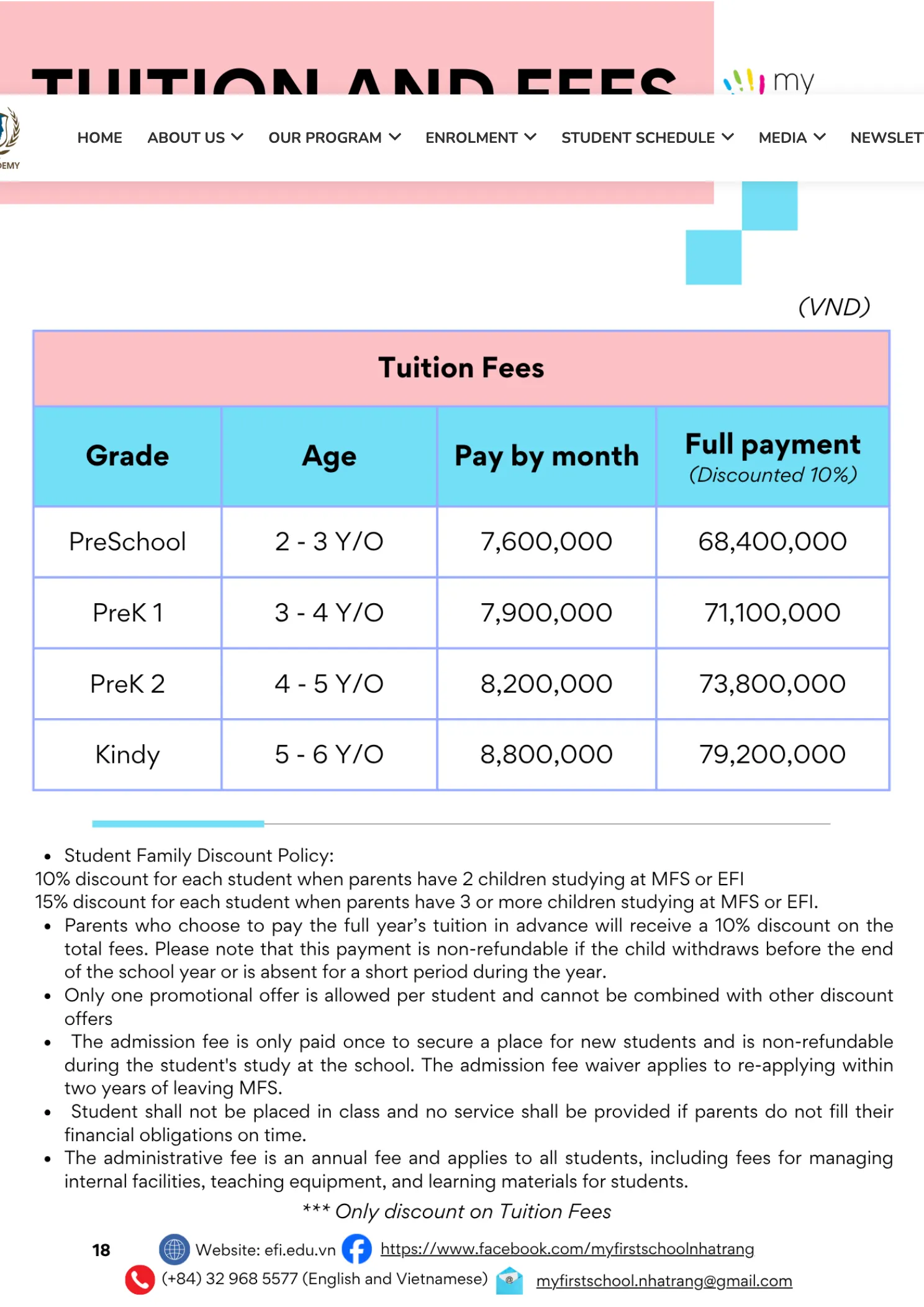 A pink and blue fee table listing grade, age, monthly payment and full payment in VND for a kindergarten.