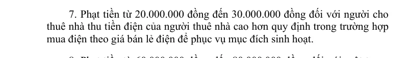 Cropped page of the Government decree on penalties in the electricity sector with the clause that fines a landlord who collects electricity money above the regulated level.
