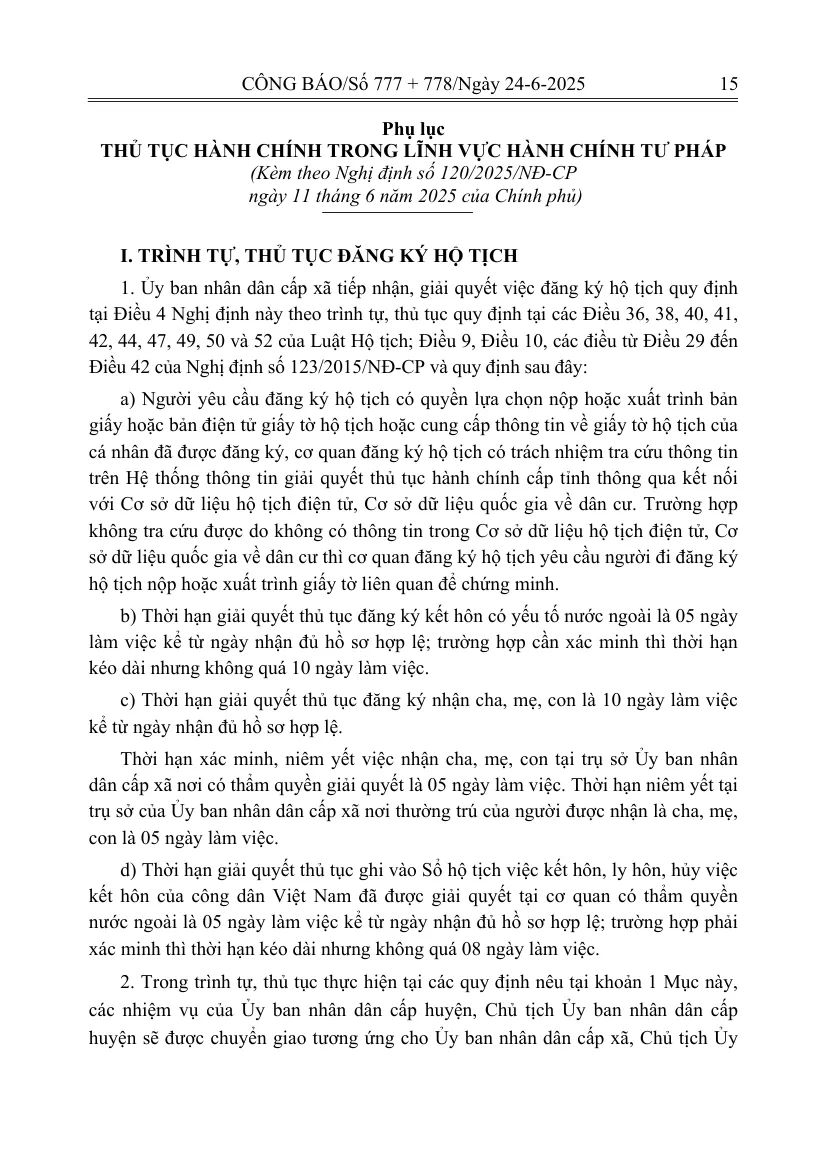 Gazette page with the annex of the decree on two-level local government, showing the civil-status registration procedure and the time limit for a marriage with a foreign element.