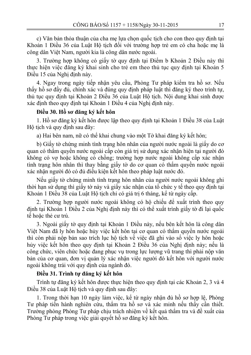 Gazette page of the civil-status decree with the article on the marriage file, covering the foreign partner's marital-status document and the travel-document alternative.