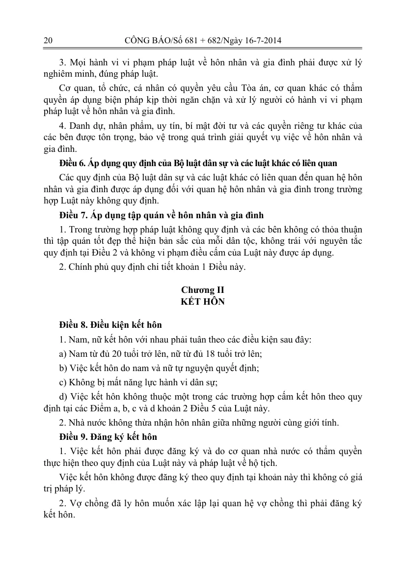Gazette page of the Law on Marriage and Family with the article on conditions to marry, listing the age of each party, free consent and legal capacity.