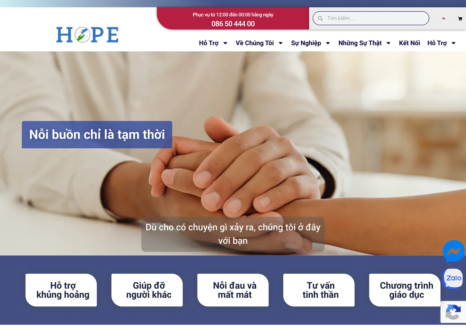 Home page of the HOPE hotline site with two hands clasped, a red box with daily hours and a phone number, and a row of blue buttons