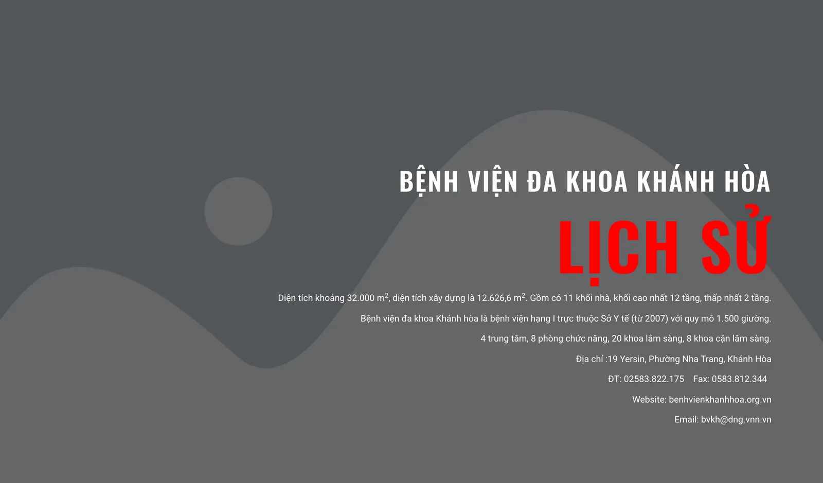 History page of the Khanh Hoa General Hospital website showing the hospital name, street address, phone and fax lines