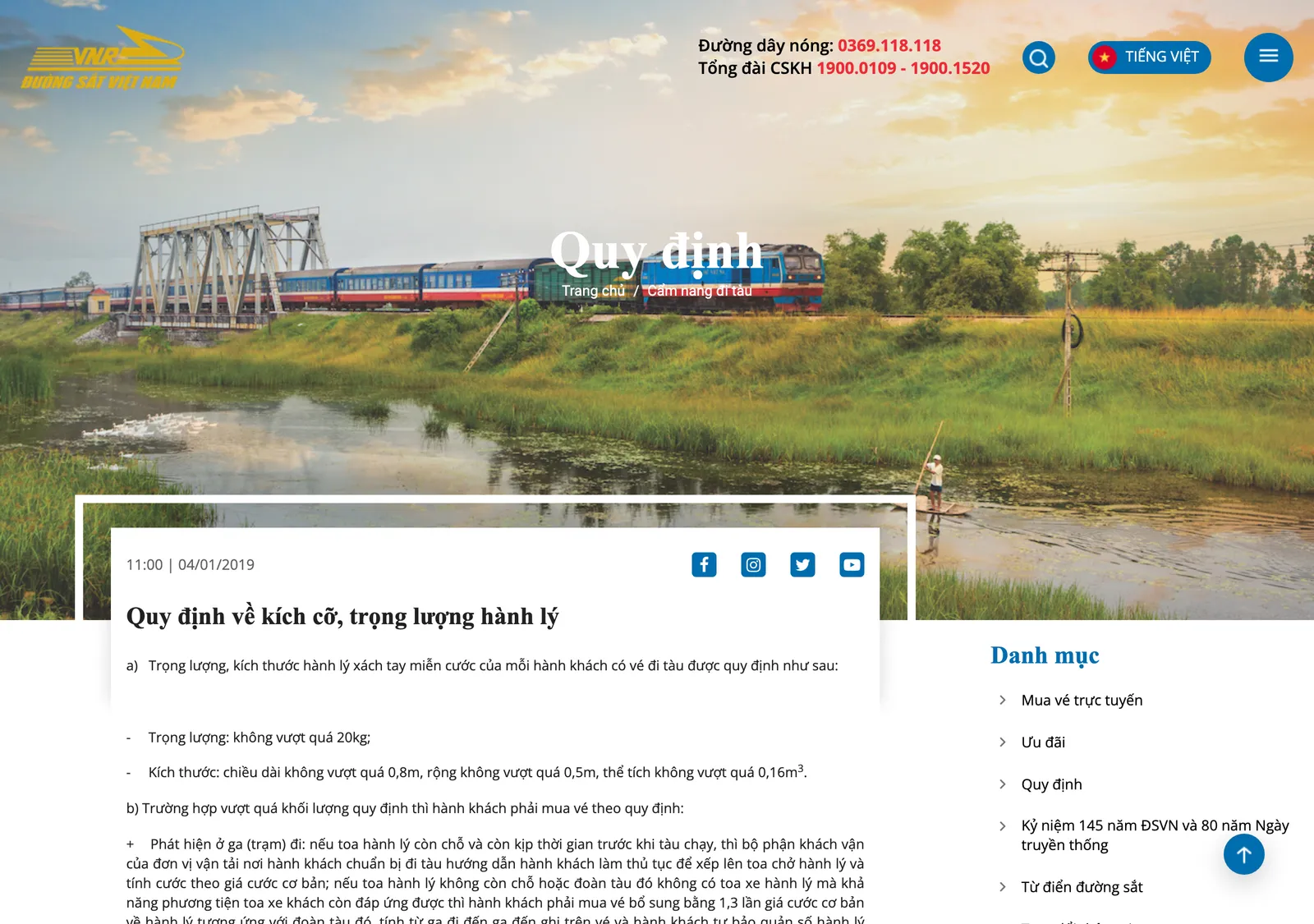 Vietnam Railways page on luggage size and weight rules with the carry-on limits