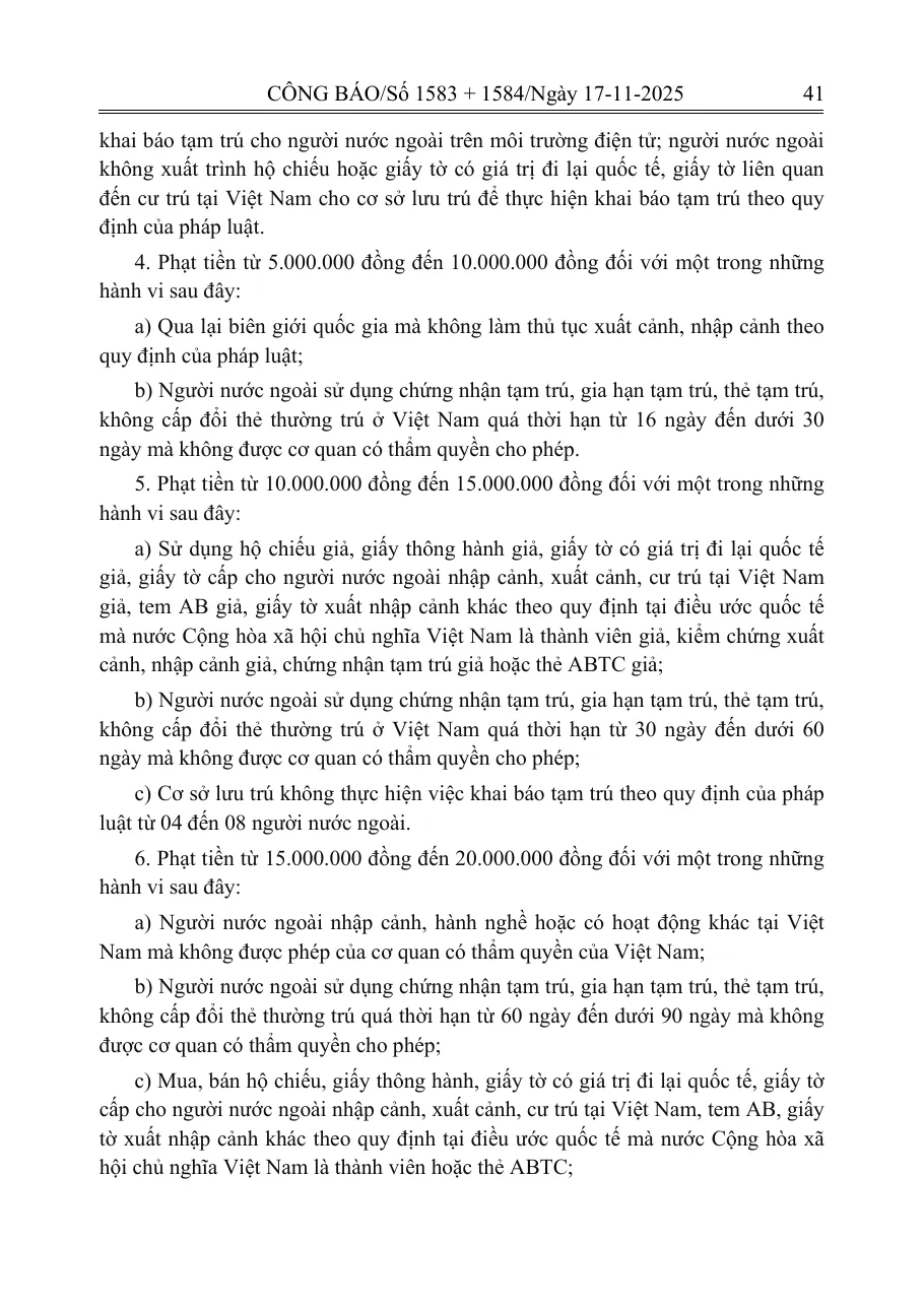 Official Gazette page of the decree on security and order fines with Article 21 clauses 4 to 6, the fine bands for overstays.