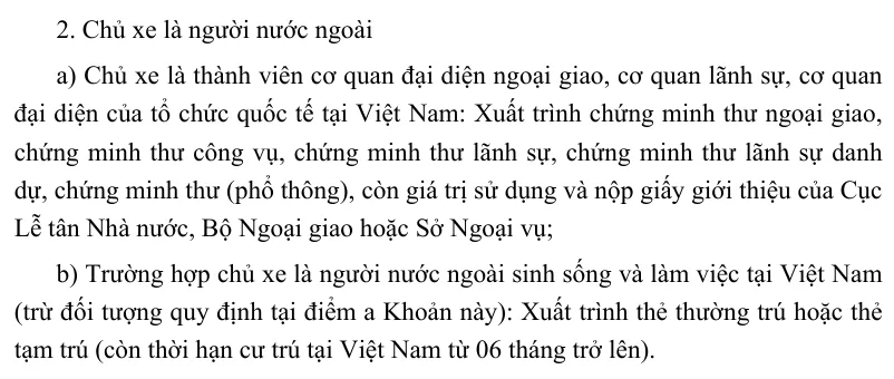 Cropped page of the Ministry of Public Security circular with the clause on owner papers for a foreign vehicle owner, split into diplomatic staff and foreigners living and working in Vietnam.