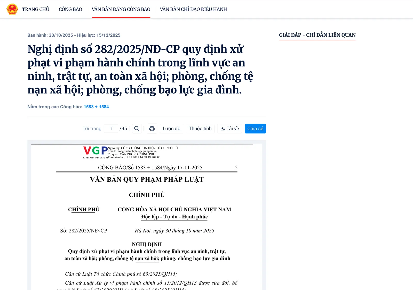 Official Gazette page of the decree on administrative penalties for security and public order, with its title and the start of the signed text