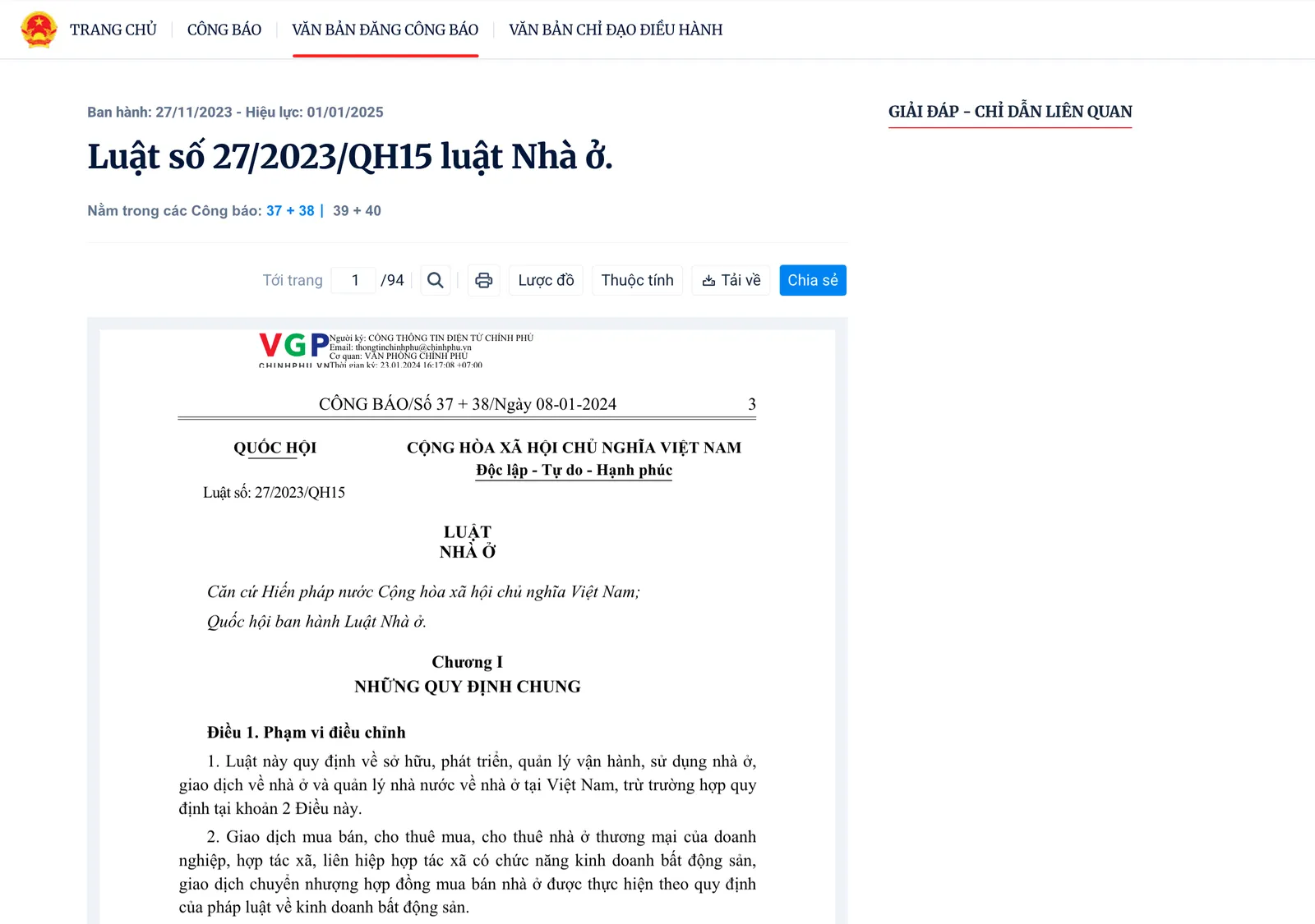 Official Gazette page showing the first page of the Law on Housing, with the National Assembly heading, the title and Chapter I on general provisions