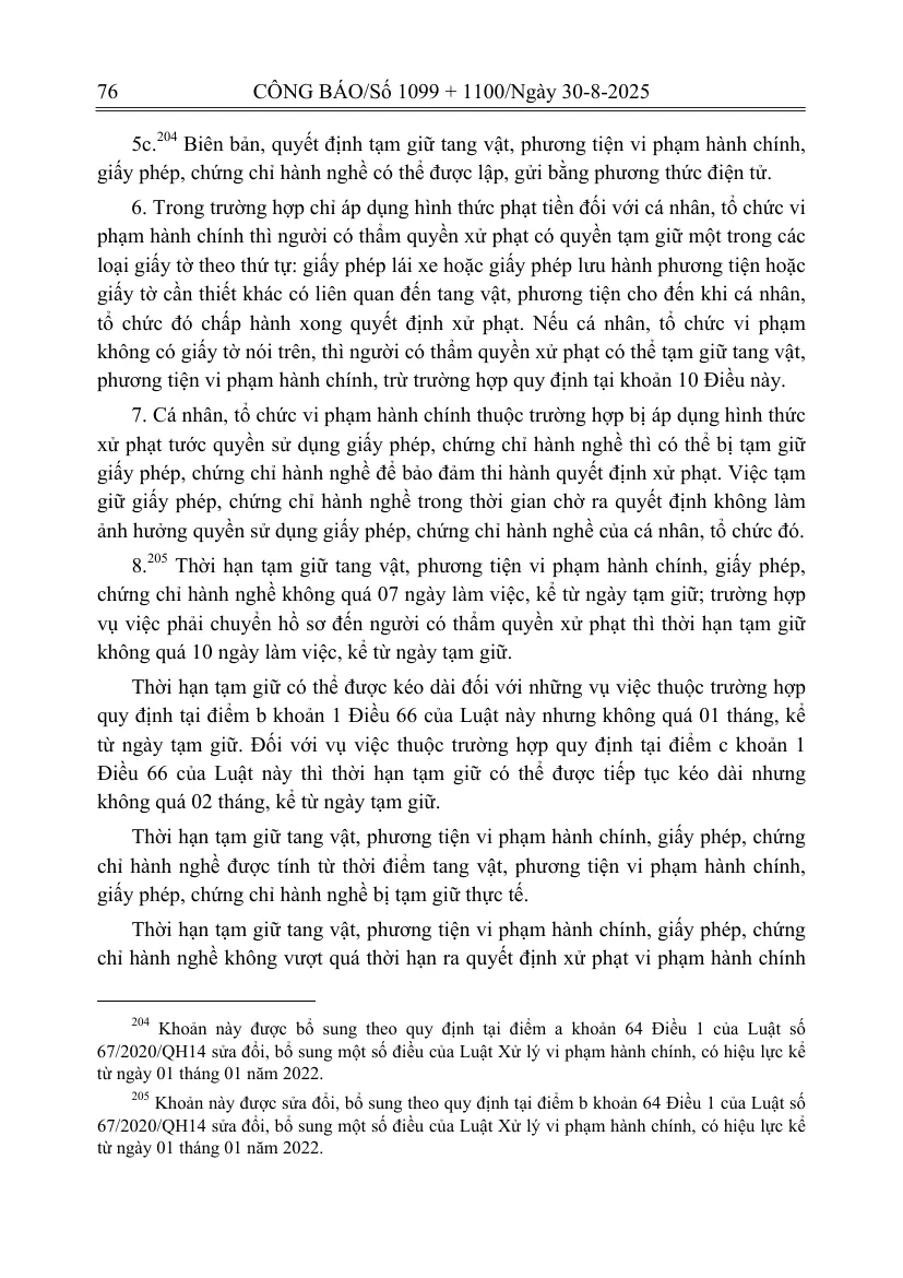 Printed page of the Vietnamese law on administrative violations with the paragraphs on temporary seizure of vehicles