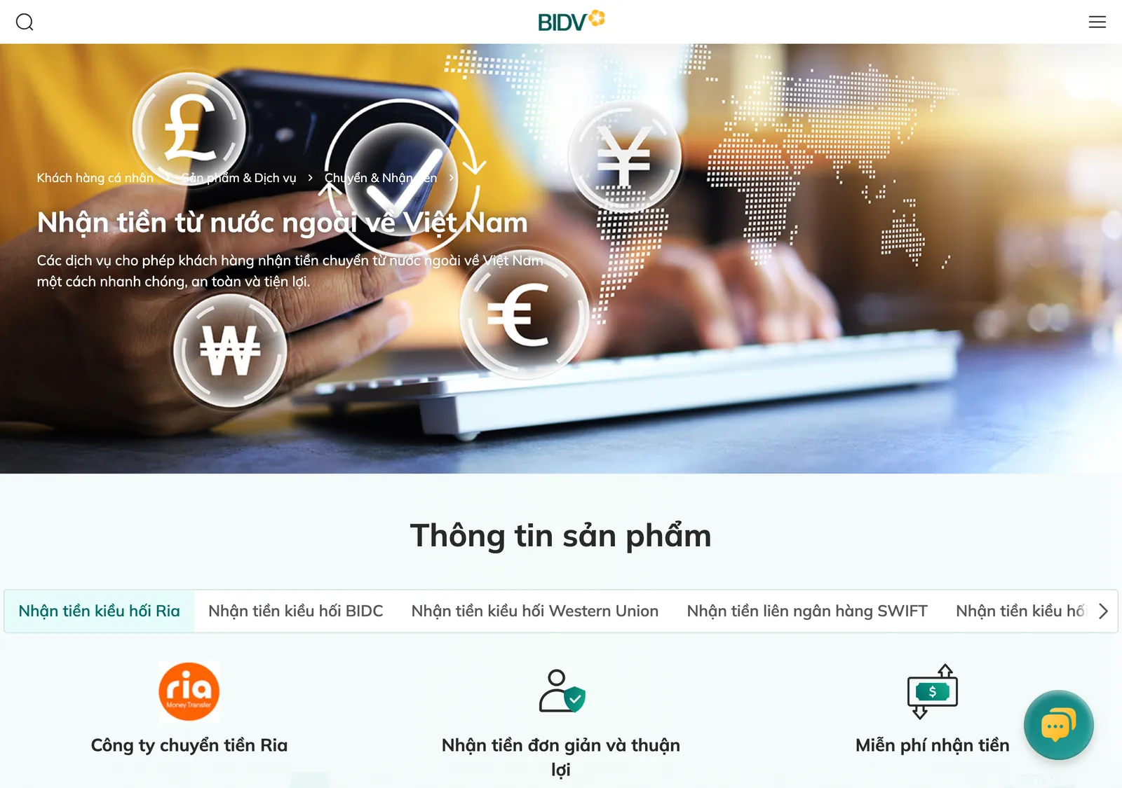 BIDV web page on receiving money from abroad, with a banner and a row of tabs for the remittance services.