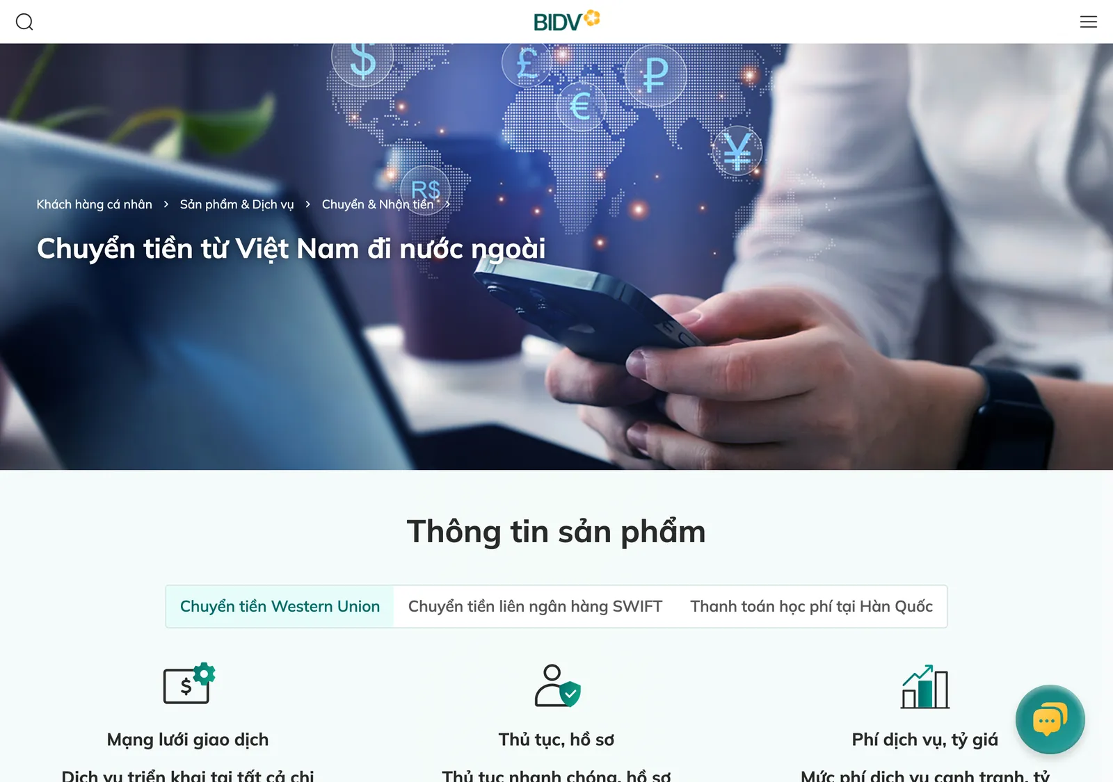 BIDV web page on transfers from Vietnam to other countries, with a banner and tabs for the transfer services.