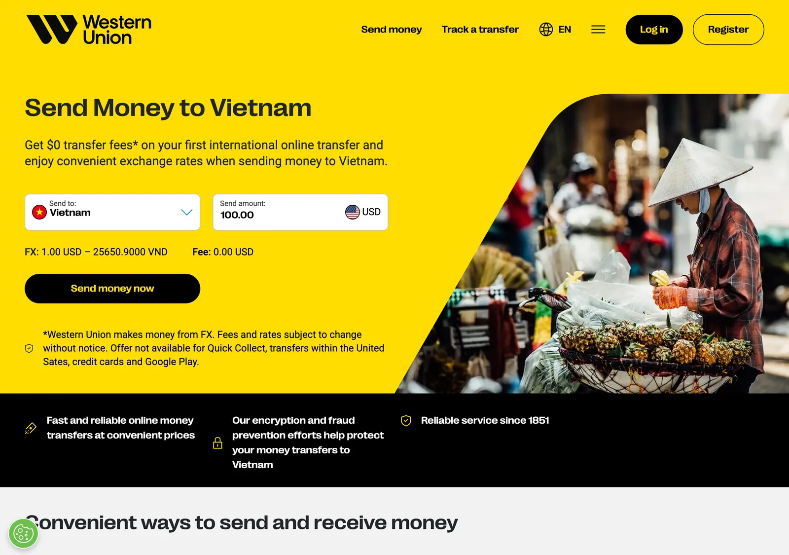 Top of the Western Union page on sending money to Vietnam, with a yellow banner, a calculator and a small-print line on exchange rates.