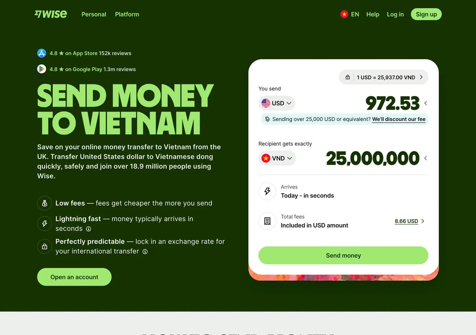Top of the Wise page on sending money to Vietnam, with a headline, a calculator card and three short benefit points.
