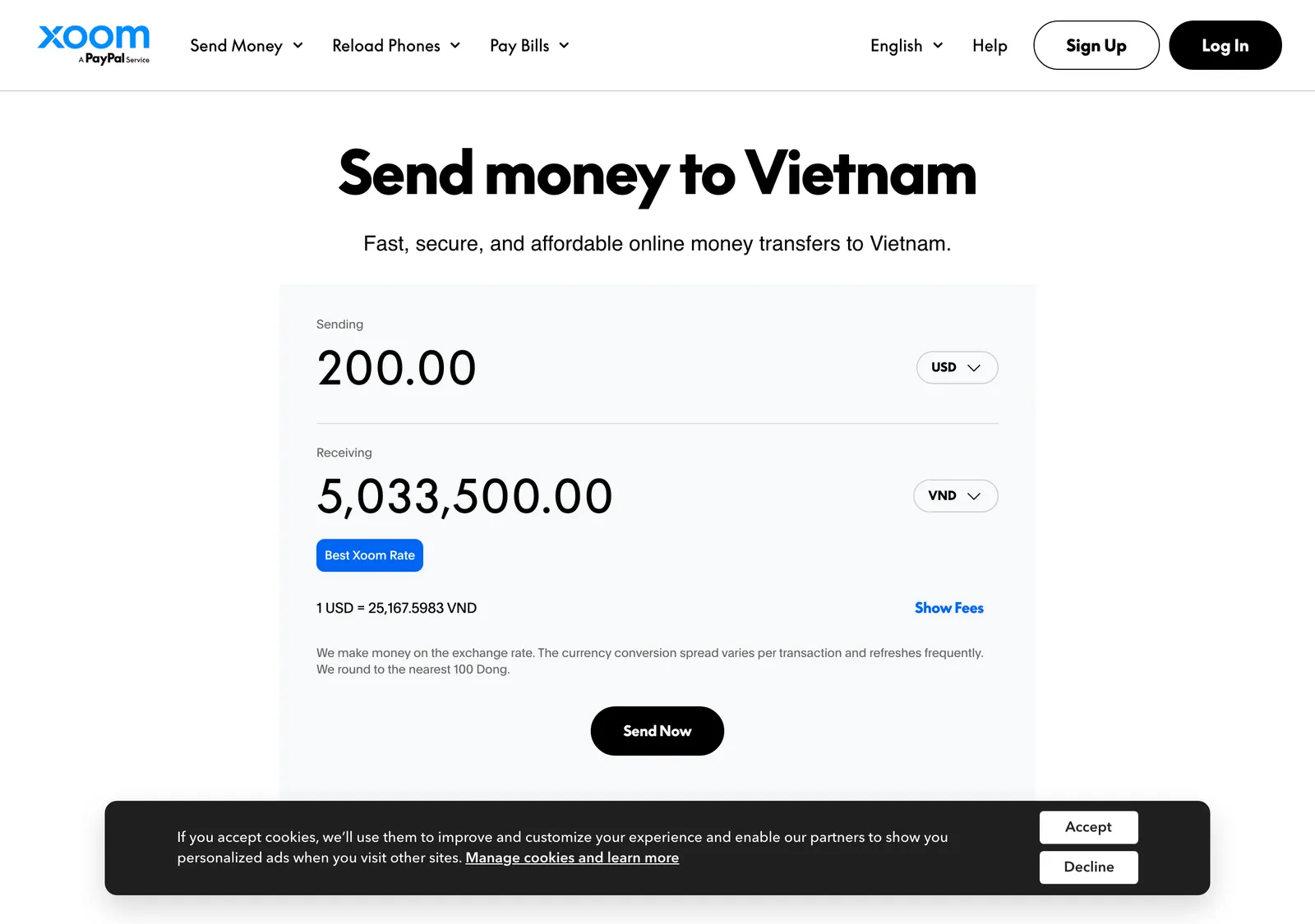 Top of the Xoom page on sending money to Vietnam, with a calculator and a note on the exchange rate.