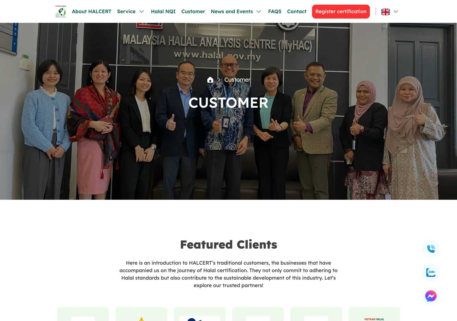 HALCERT customer page with a group photo and a Featured Clients heading