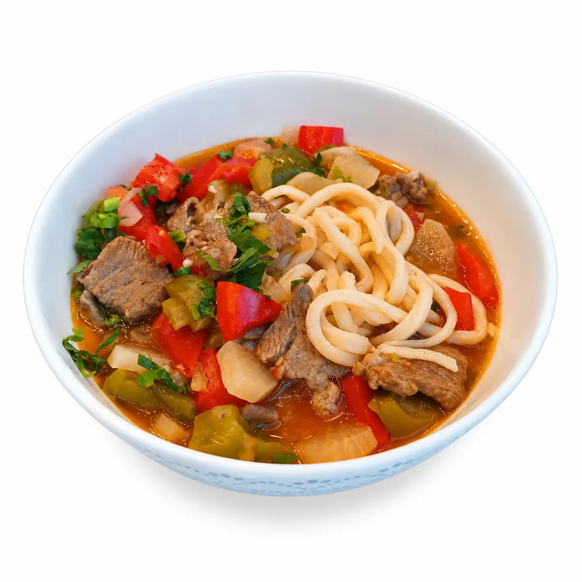 Bowl of hand-pulled noodles with beef, peppers and herbs in a red broth