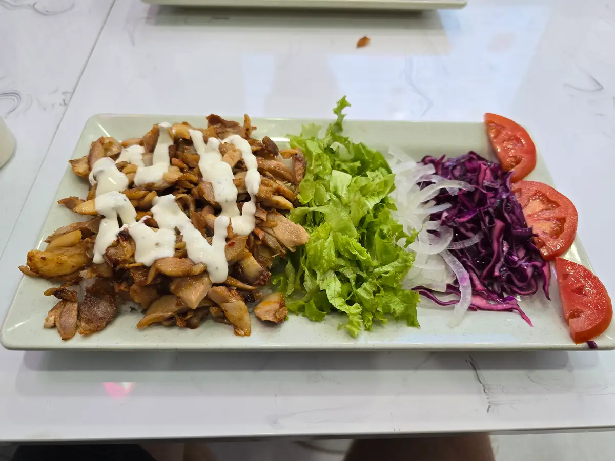 Plate of sliced doner meat with white sauce, lettuce and red cabbage