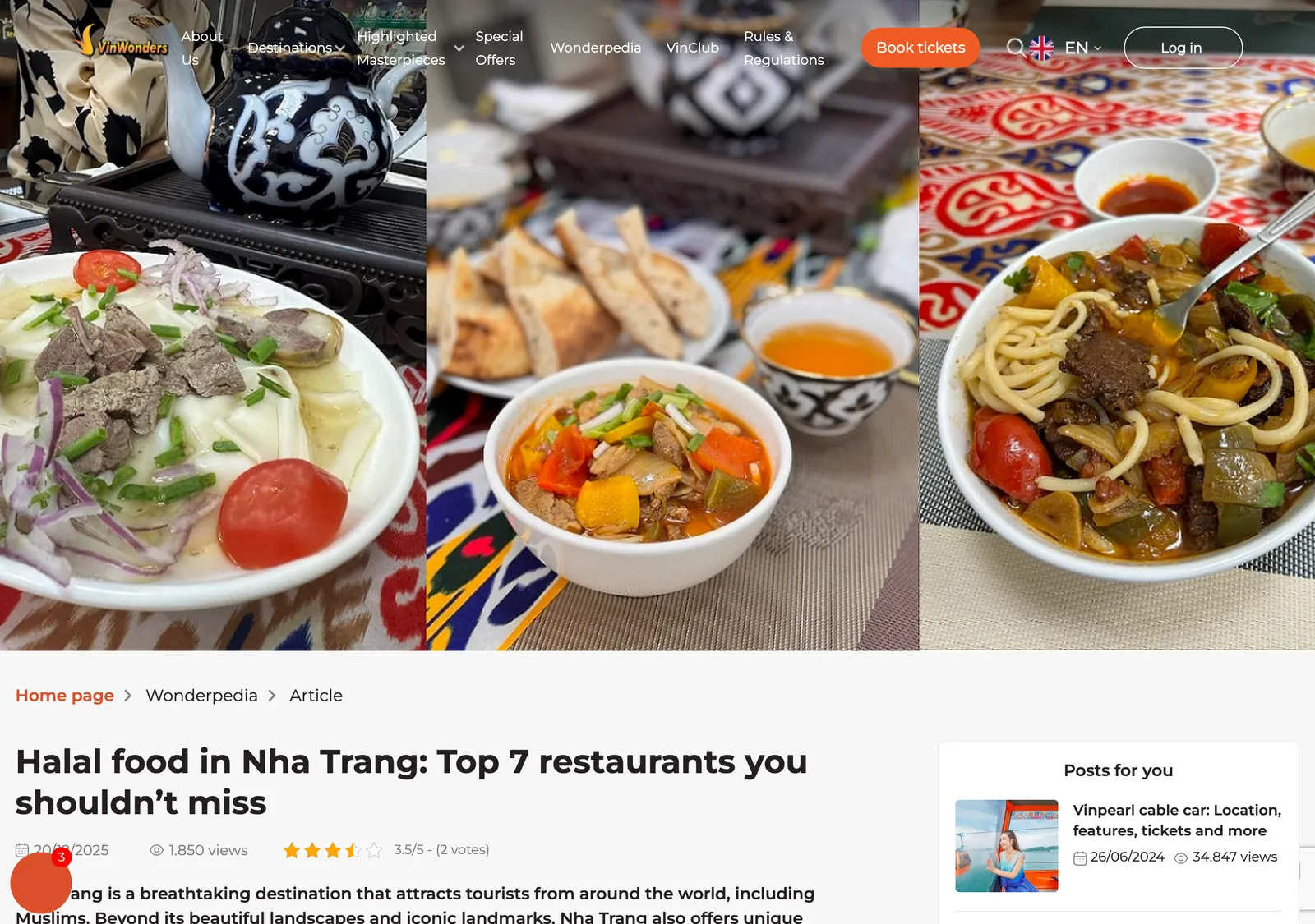 VinWonders guide page headed Halal food in Nha Trang with photos of Central Asian dishes