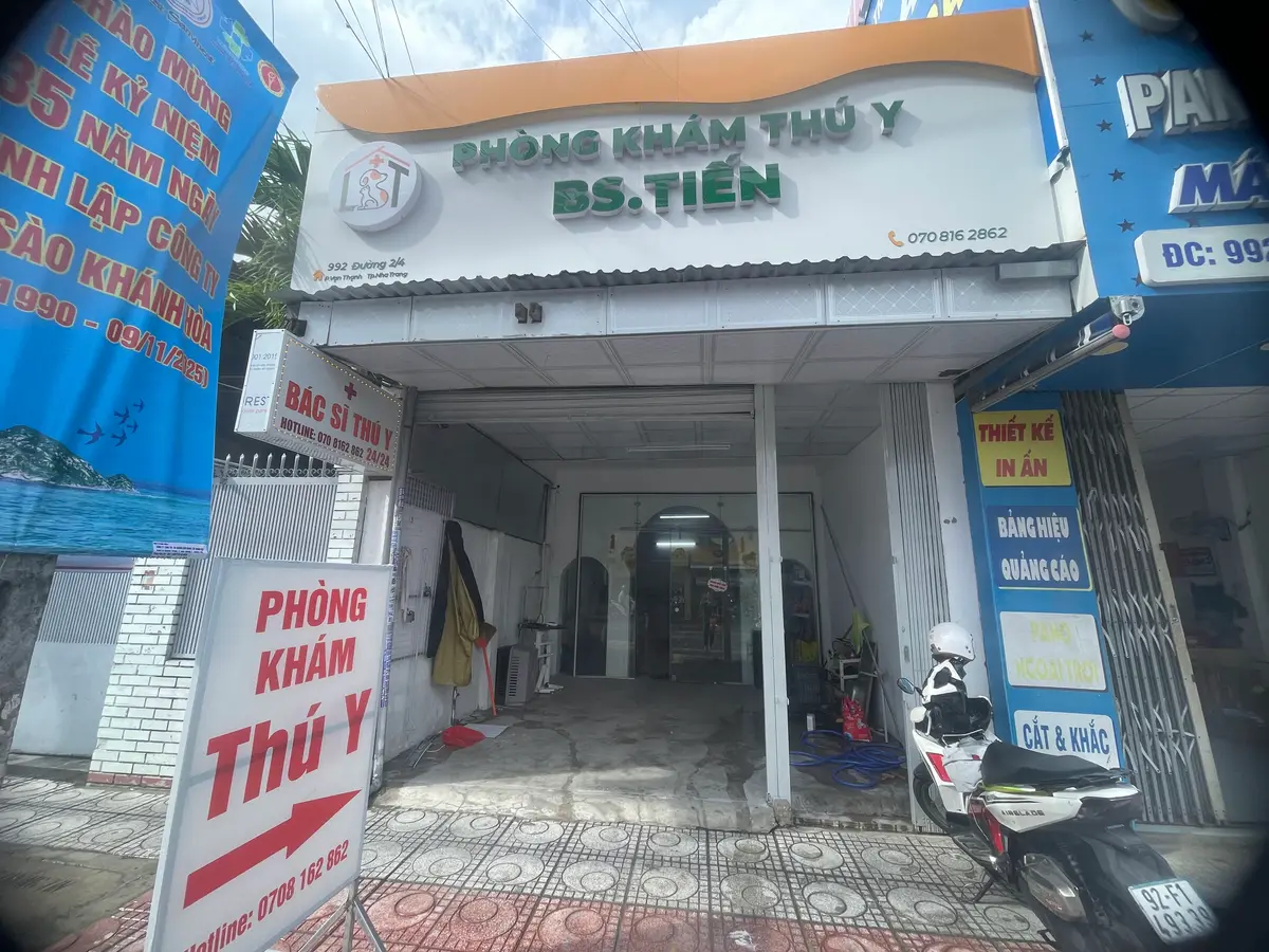 Clinic shopfront with a green BS Tien sign and a red arrow sign for the veterinary clinic