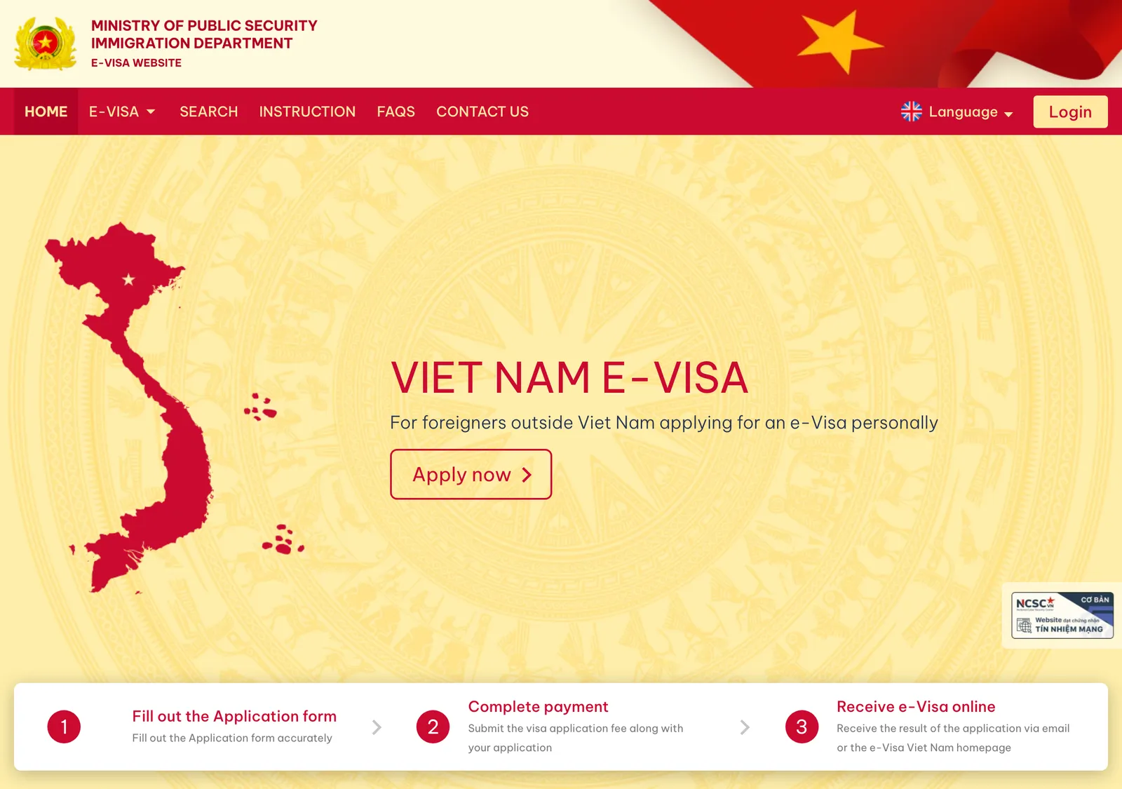 Home page of the evisa.gov.vn portal with the heading Viet Nam e-visa and an Apply now button.