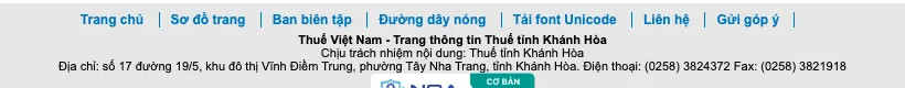 Footer of the Khanh Hoa tax authority website with the site name, the line naming the body responsible for content, and a line with its address, telephone and fax.