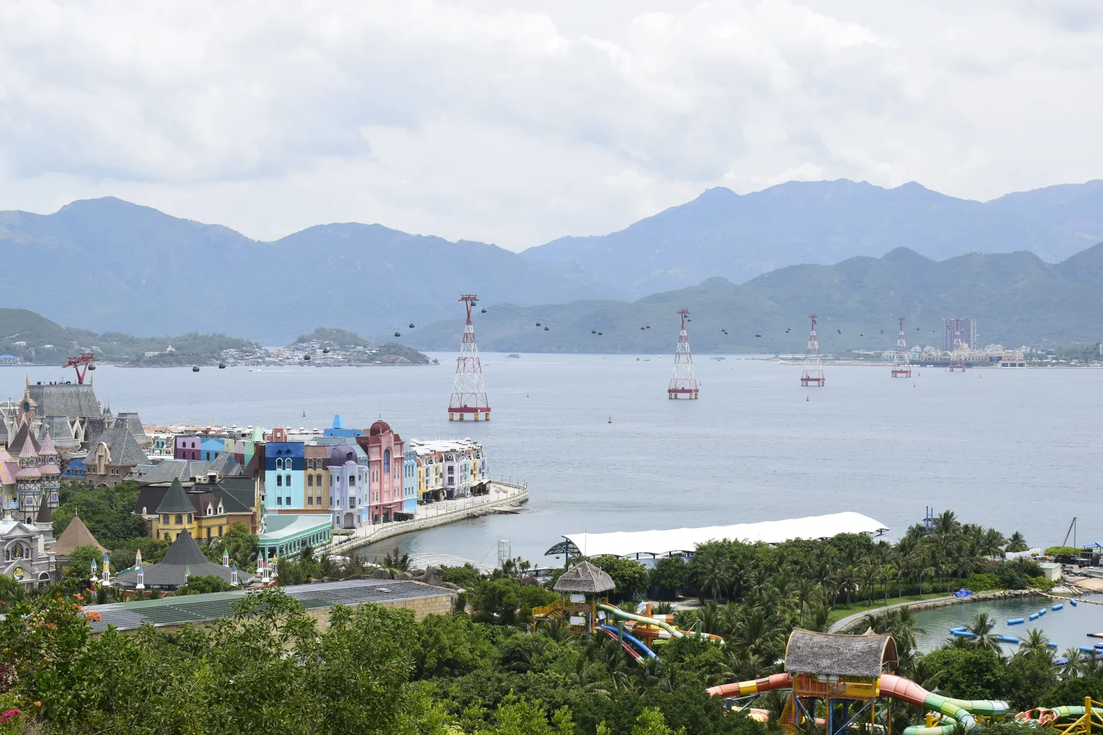 Nha Trang Bay with the VinWonders park buildings along the shore