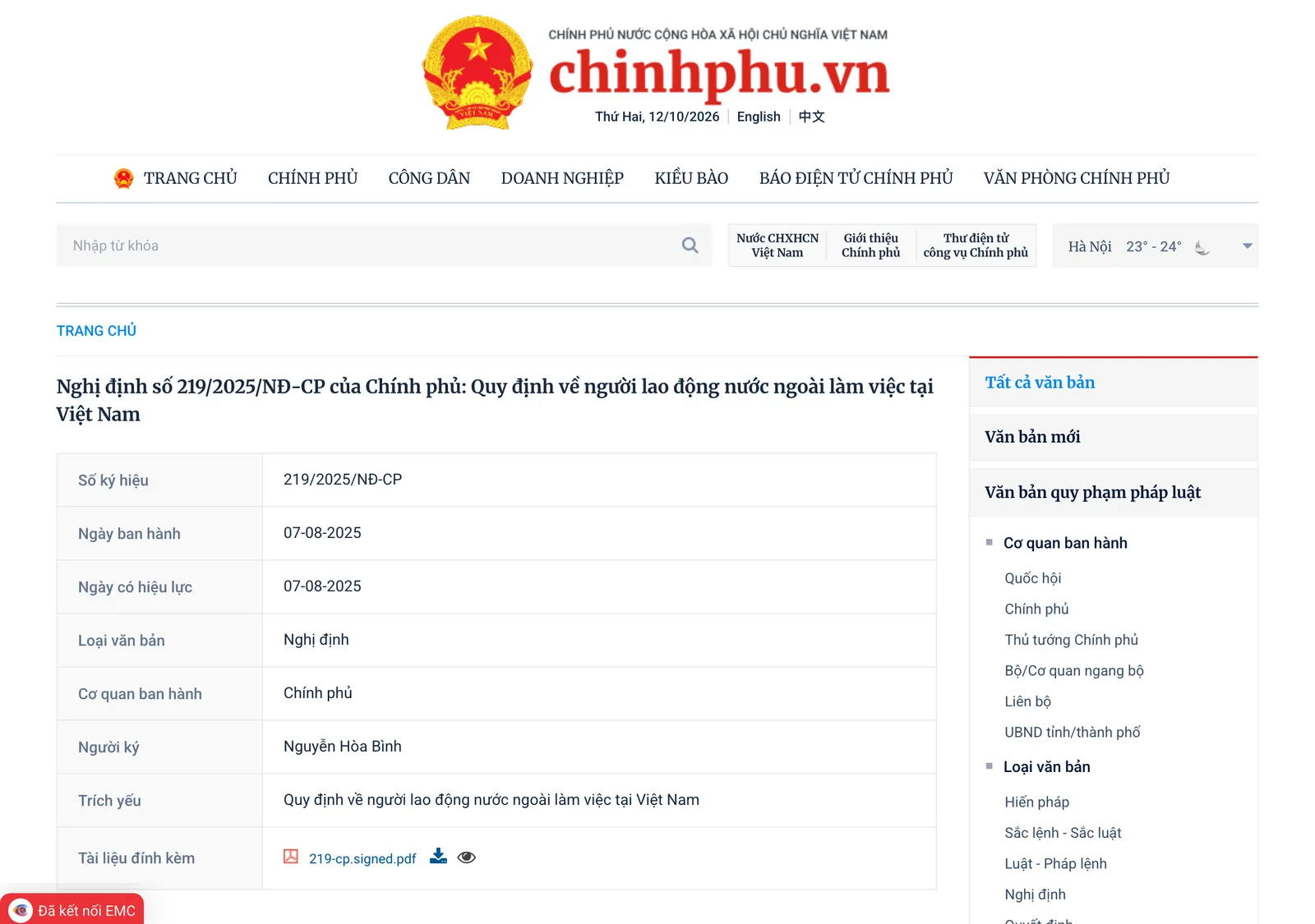 Government document portal page for the decree on foreign workers in Vietnam, with its issue date, effective date, issuing body and an attached signed PDF