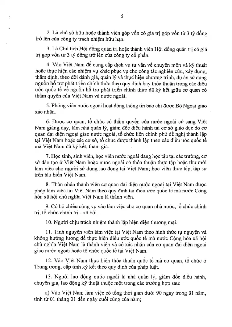 A printed page of the signed decree with the numbered list of work-permit exemptions, including the manager, executive, expert and technical worker cases