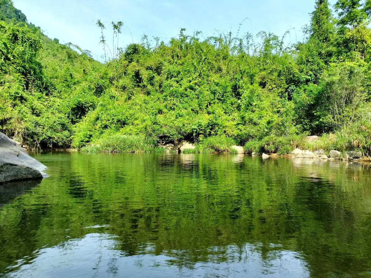Calm green stream between rocks and forested hills